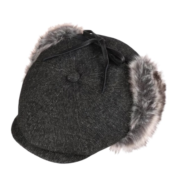 Bailey Of Hollywood Black Flat Hat with Gray Fur Trim NWT - Picture 2 of 5